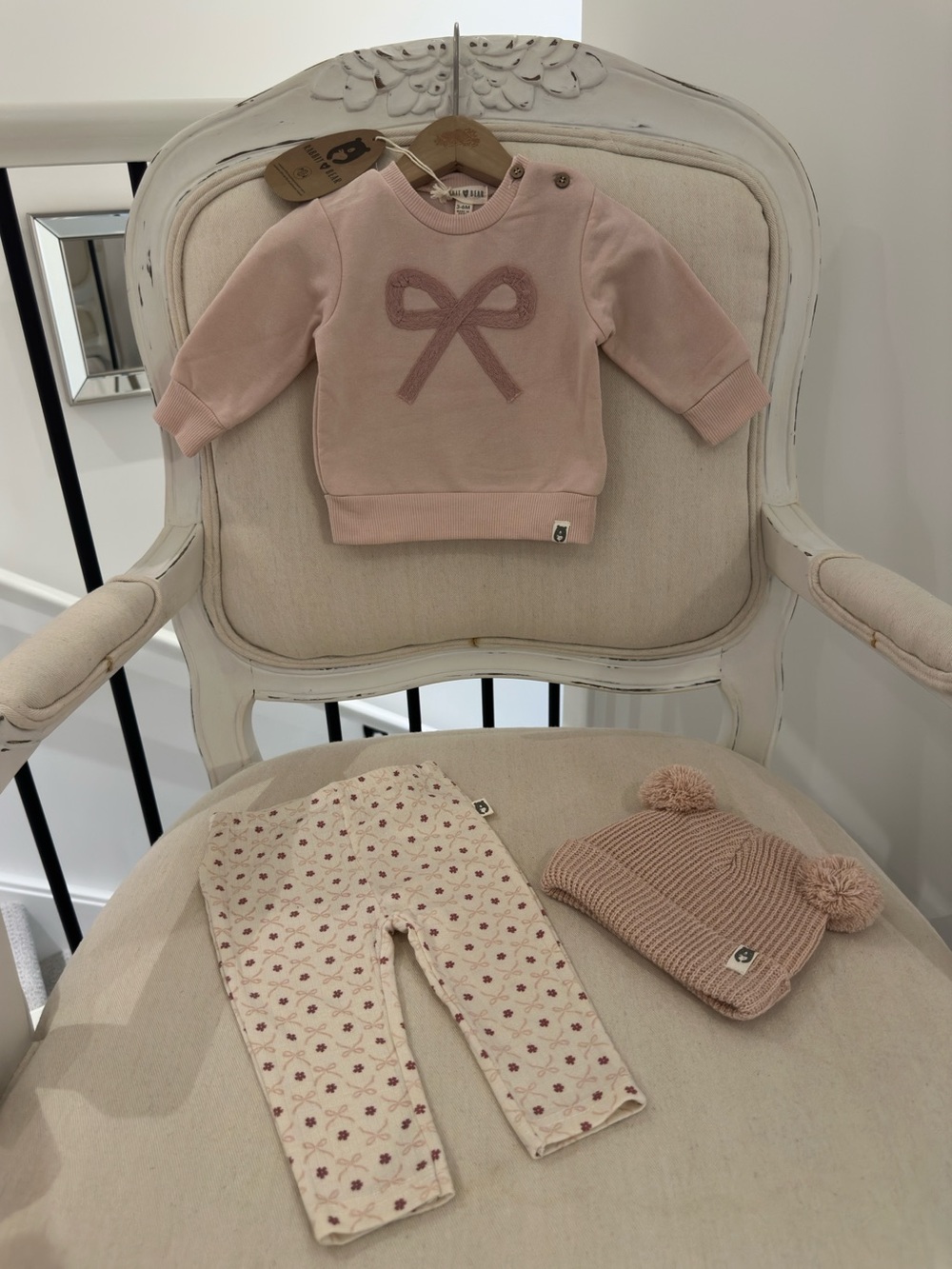 🦢 3~6 Mth Organic Cotton Rabbit & Bear Pink Knit Pom Pom Baby Hat & Sweater NWT